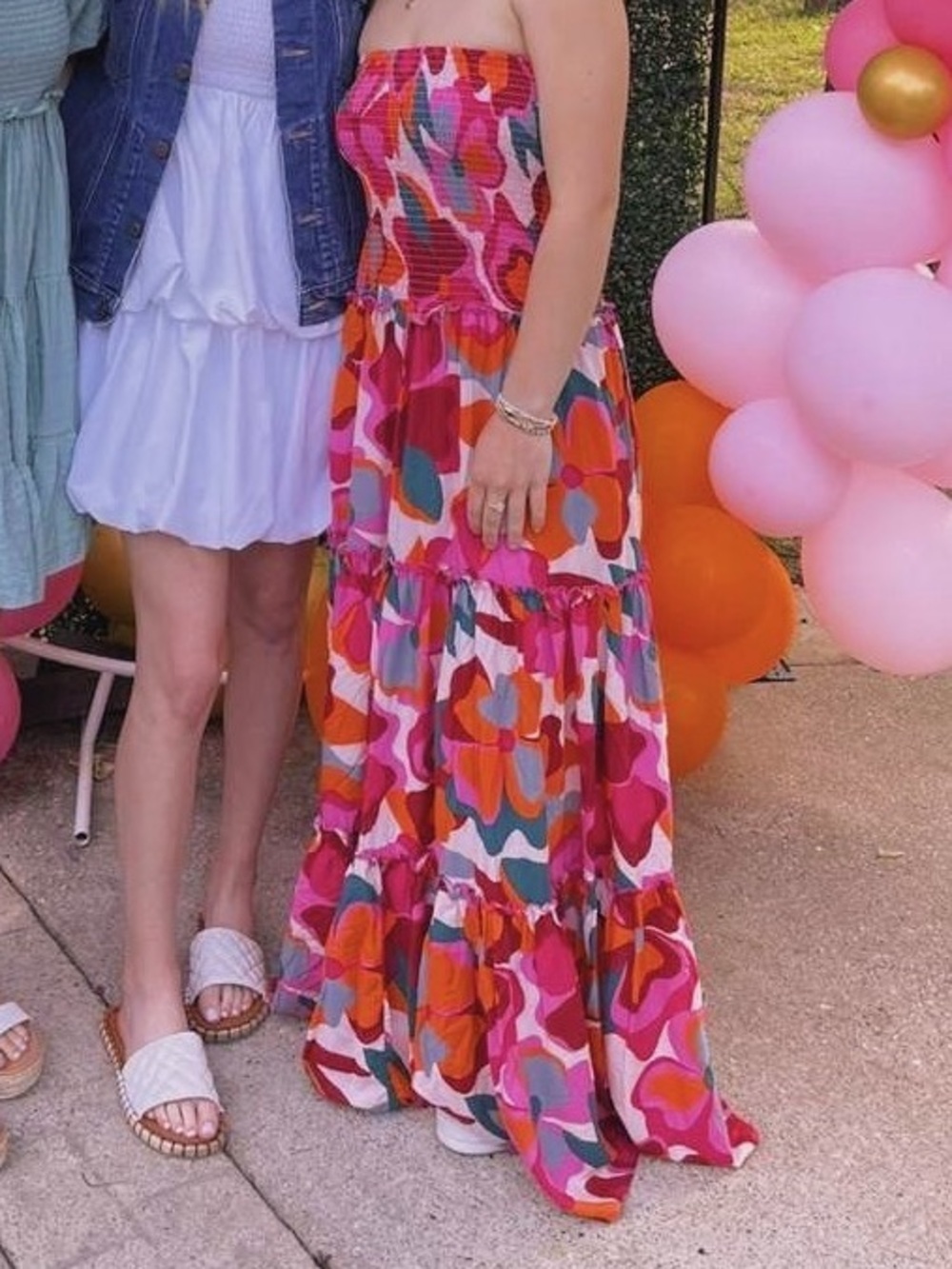 Smocked Strapless Maxi Dress in Vibrant Pink Multi